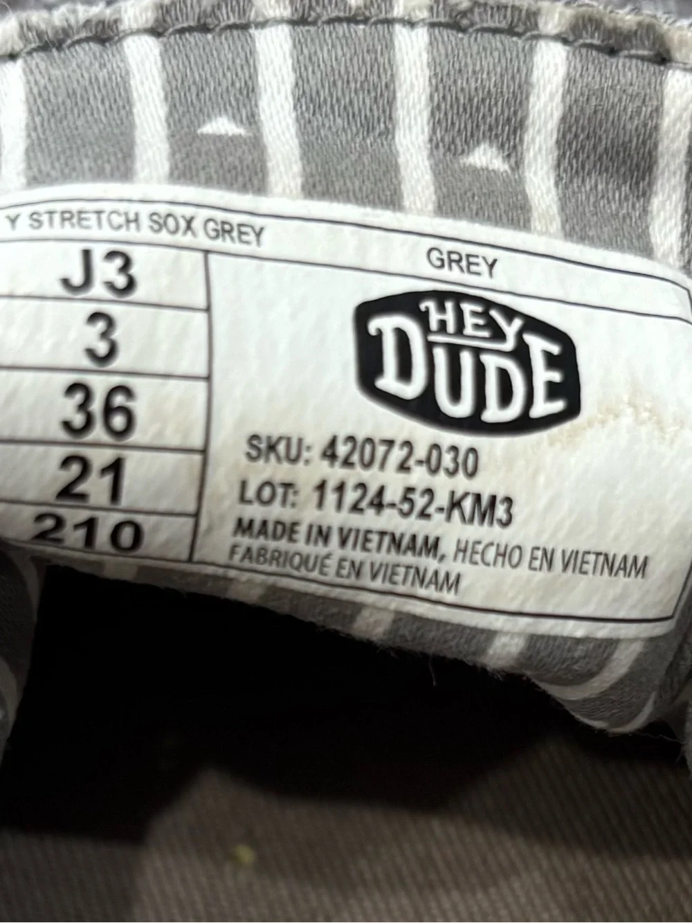 Hey Dude Kid’s size 3 Lightweight Grey Knit Casual Shoes